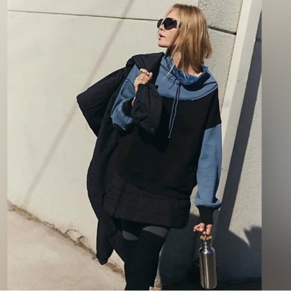 FP MOVEMENT Home Stretch Colorblock Pullover Black Blue Skyline NWT Oversized